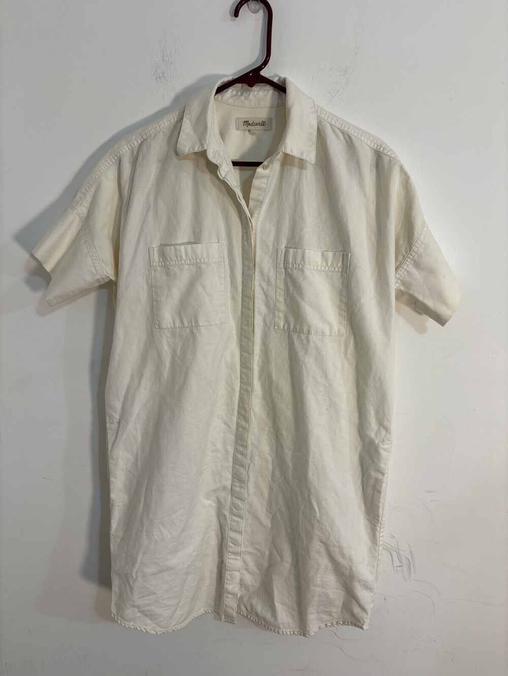 Madewell Denim Popover Mini Shirtdress Small Cream Button Front Pockets Linen
